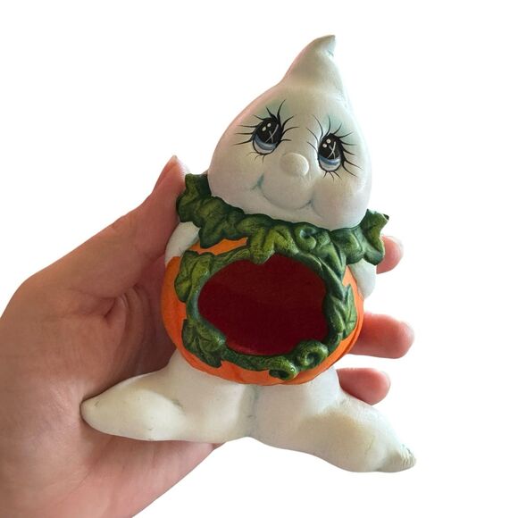 Ceramic Ghostly Pumpkins Hand Painted Halloween Figurine Shelf Sitters Set Of 2 - Picture 8 of 11